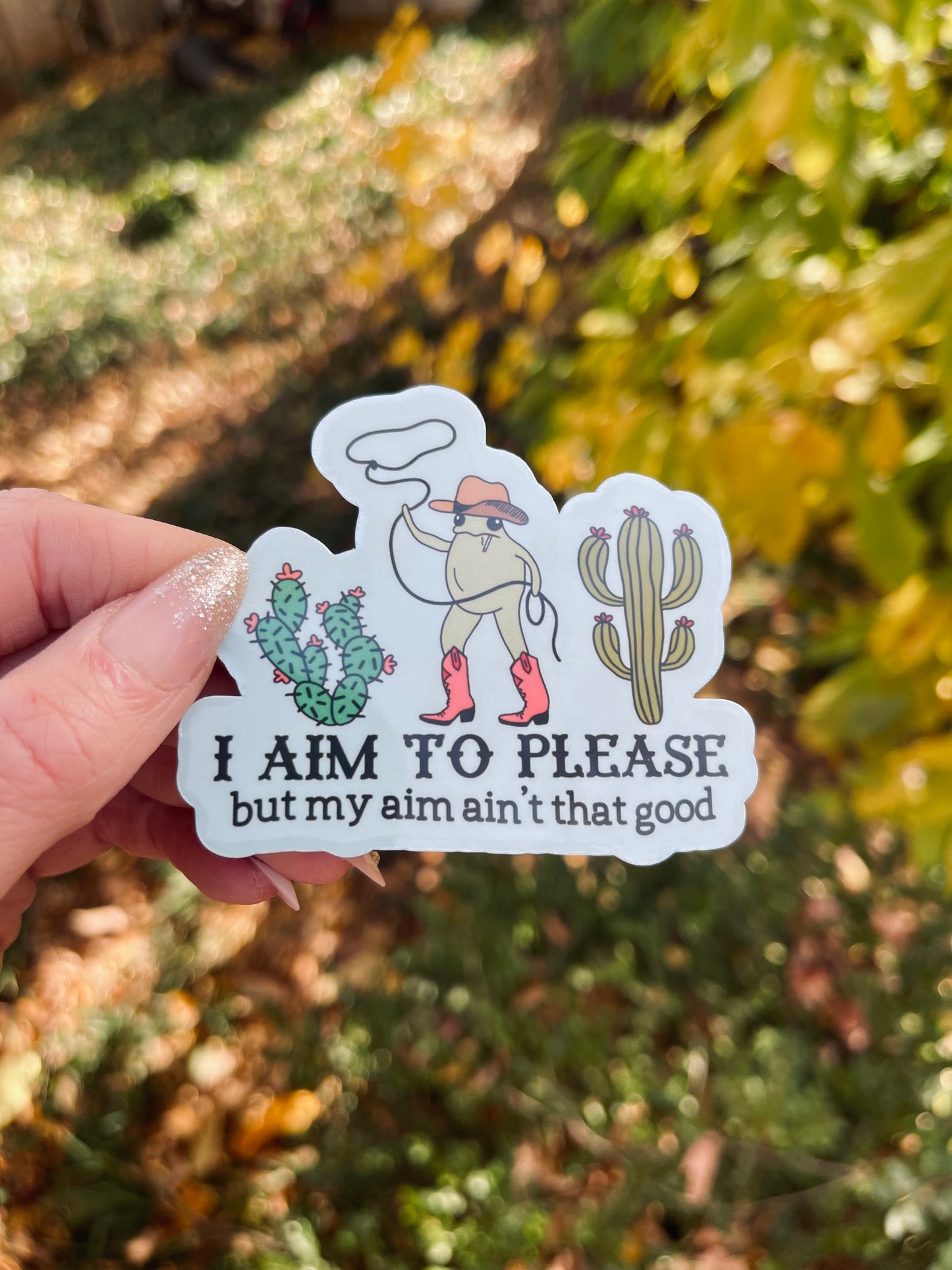 aim to please cowboy frog sticker (cute western frog decal)