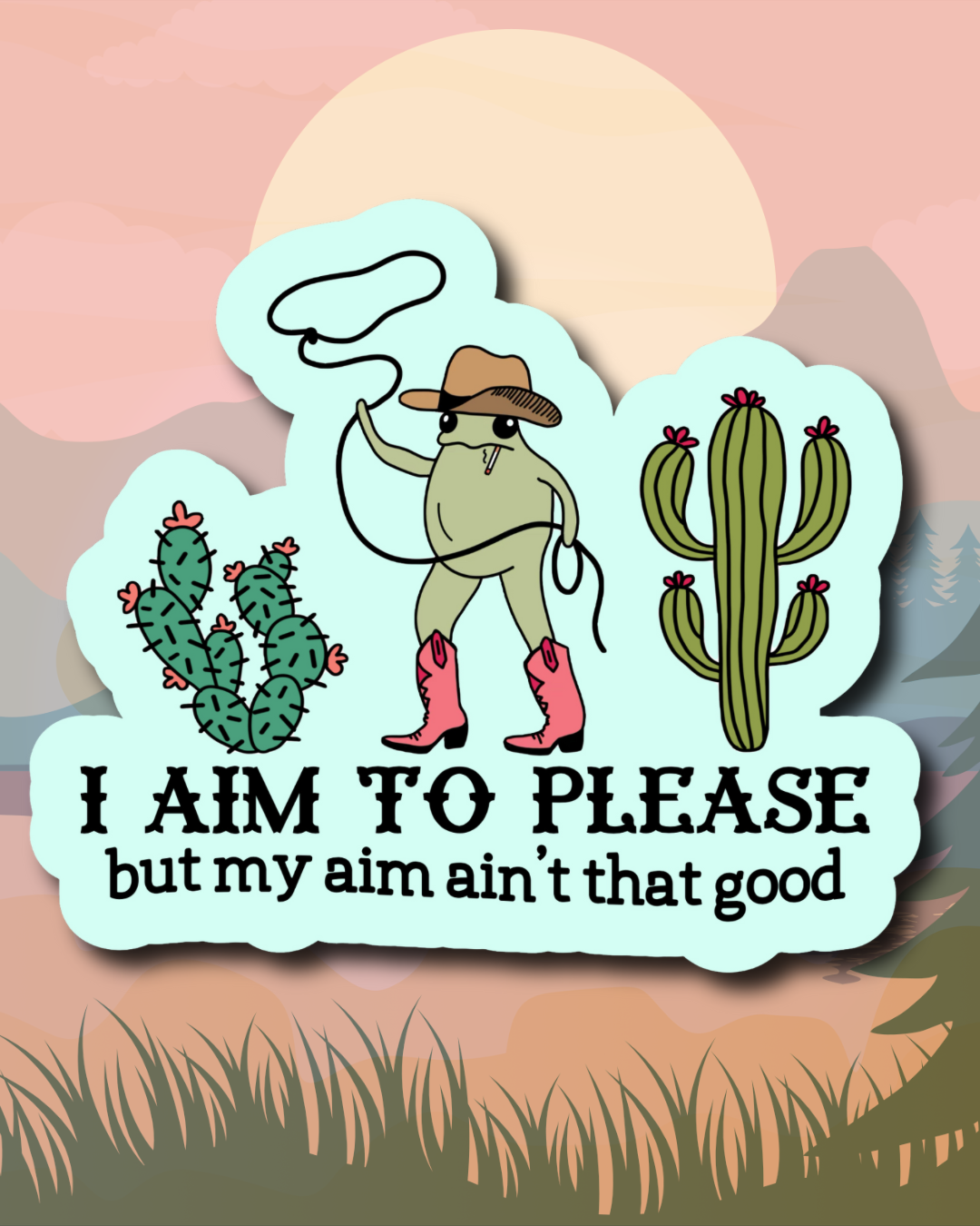 aim to please cowboy frog sticker (cute western frog decal)